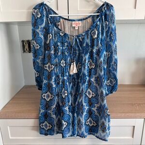 Plenty by Tracy Reese Silk Peasant Blouse Women's S Blue Sheer Tassel Artsy Y2K